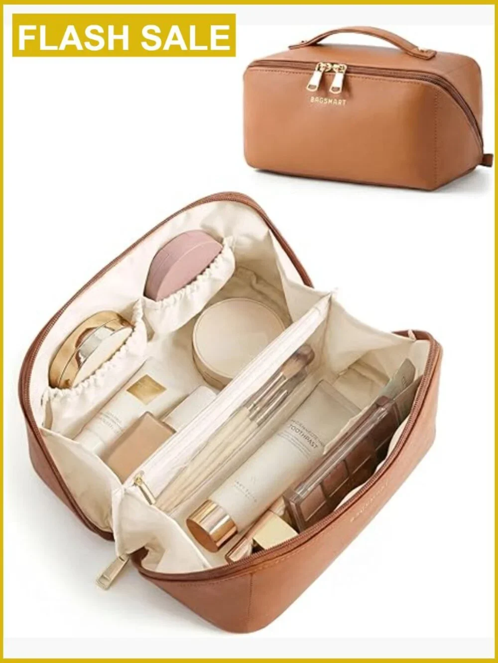Large Makeup Bag Travel Cosmetic Toiletry Organizer with Flat Lay Opening, Faux